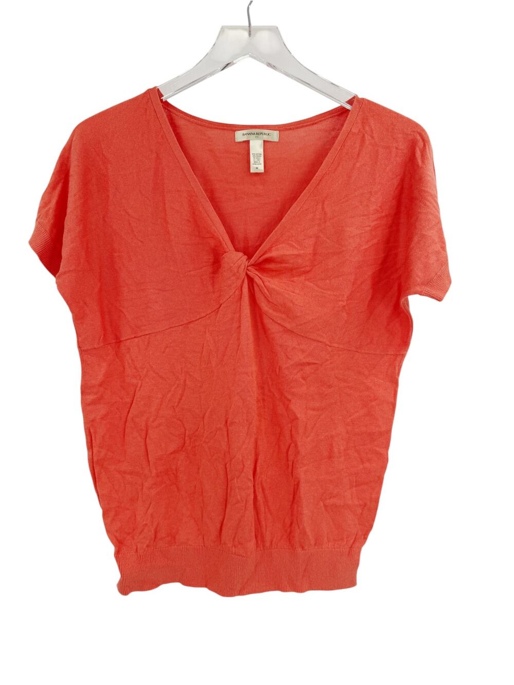 BANANA REPUBLIC Top Size M Short Sleeve V Front Twist Cotton Knit Orange Coral